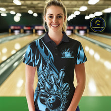 Load image into Gallery viewer, Custom Black And Blue Tribal Flame Women Bowling Polo Shirt, Bowling Tournament Shirt IPHW11287