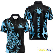 Load image into Gallery viewer, Custom Black And Blue Tribal Flame Men Bowling Polo Shirt, Bowling Tournament Shirt IPHW11287