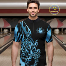 Load image into Gallery viewer, Custom Black And Blue Tribal Flame Men Bowling Quarter-Zip Shirt, Bowling Tournament Shirt IPHW11287