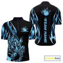 Load image into Gallery viewer, Custom Black And Blue Tribal Flame Men Bowling Quarter-Zip Shirt, Bowling Tournament Shirt IPHW11287