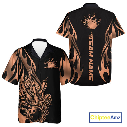 Front and back view of a black button-up bowling shirt mockup featuring rose gold gradient tribal flame bowling ball and pins design with elegant sporty graphics.