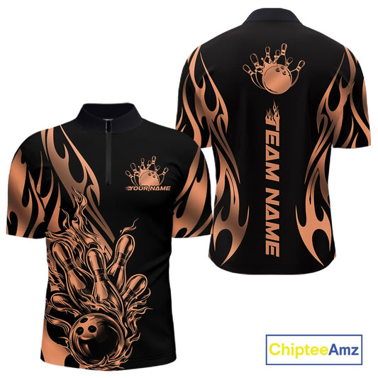 Front and back apparel mockup showing a black quarter zip shirt with rose gold gradient tribal flame and bowling ball striking pins in a sleek premium design.