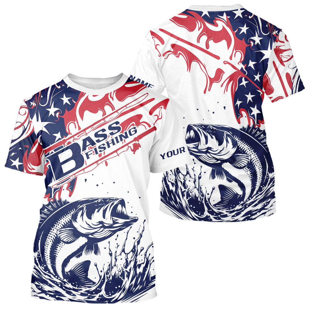 Custom American Flag Largemouth Bass Fishing T-Shirts, Patriotic Bass Fishing Jerseys IPHW9132