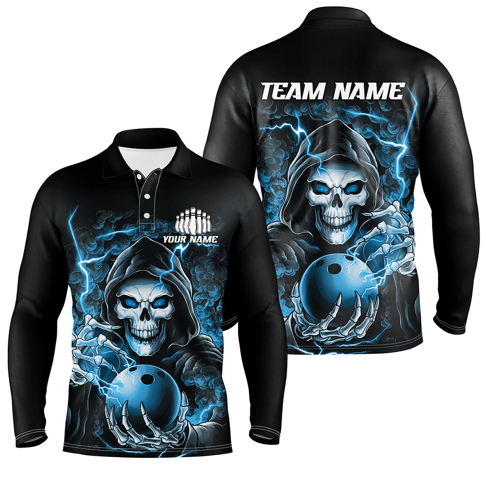 Custom Blue Skull Bowling Long Sleeve Polo Shirts For Men, Halloween Bowling Team Shirts IPHW6804