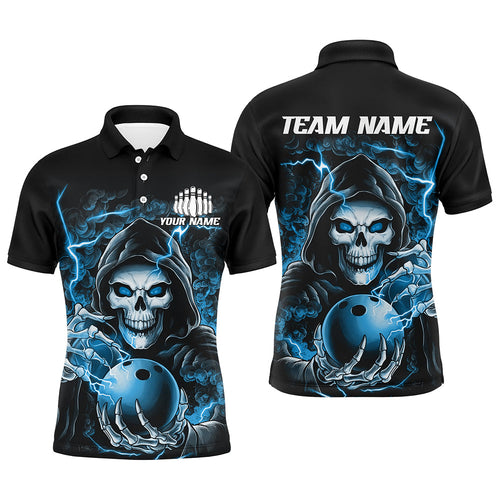 Custom Blue Skull Bowling Polo Shirts For Men, Personalized Halloween Bowling Team Shirts IPHW6804