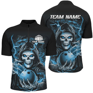 Custom Blue Skull Bowling Quarter Zip Shirts For Men, Personalized Halloween Bowling Team Shirts IPHW6804