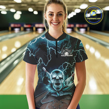 Load image into Gallery viewer, Custom Blue Thunder Lightning Skull Bowling Quarter-Zip Shirt For Women, Halloween Outfit IPHW9497