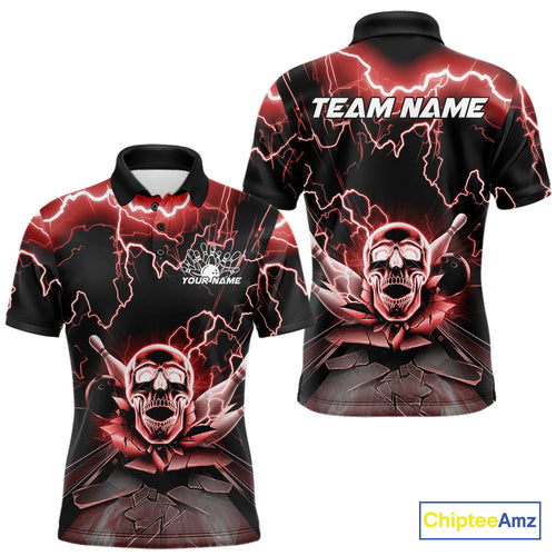 Custom Red Thunder Lightning Skull Bowling Polo Team Shirts For Men, Halloween Outfit IPHW9498