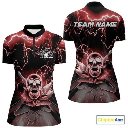 Custom Red Thunder Lightning Skull Bowling Quarter-Zip Shirt For Women, Halloween Outfit IPHW9498