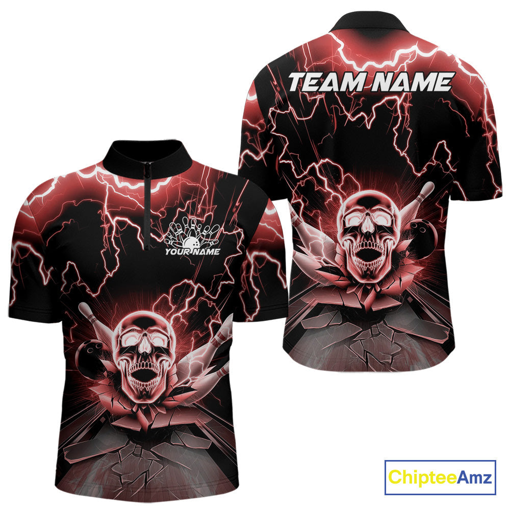 Custom Red Thunder Lightning Skull Bowling Quarter-Zip Team Shirts For Men, Halloween Outfit IPHW9498