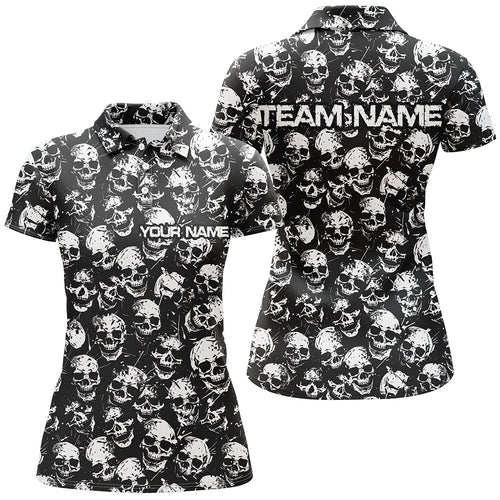 Custom Black And White Skull Halloween Ladies Bowling Shirts, Halloween Outfits For Bowlers IPHW7162