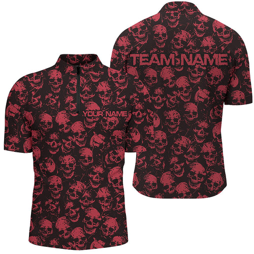 Custom Black And Red Skull Halloween Bowling Shirts For Men, Halloween Outfits For Bowlers IPHW7163