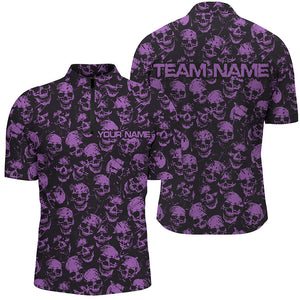 Custom Black And Purple Skull Halloween Bowling Shirts For Men, Halloween Outfits For Bowlers IPHW7165