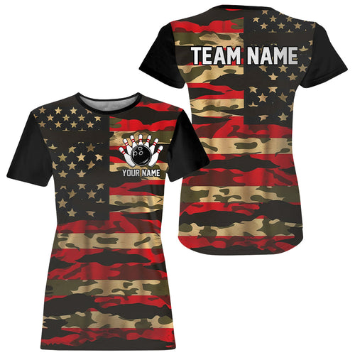 Custom American Flag Patriotic Bowling T-Shirts For Women, Camo Bowling Team Jerseys IPHW7172