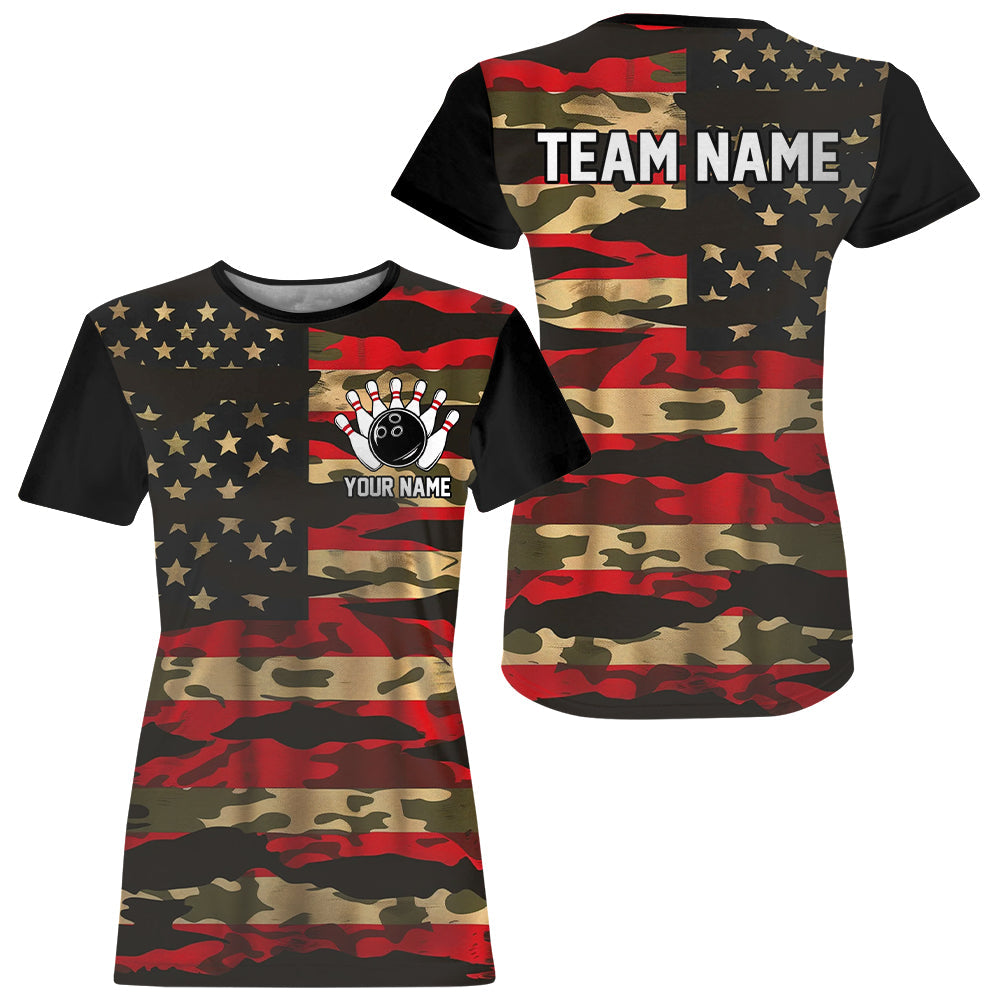 Custom American Flag Patriotic Bowling T-Shirts For Women, Camo Bowling Team Jerseys IPHW7172