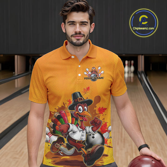 Custom Funny Thanksgiving Turkey Bowling Polo Shirts For Men, Thanksgiving Bowler Outfit IPHW9724