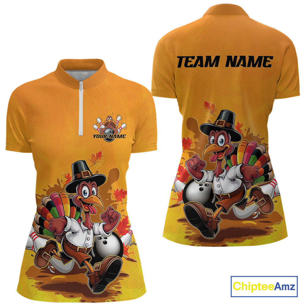 Custom Funny Thanksgiving Turkey Bowling Women Quarter-Zip Shirts, Thanksgiving Outfit IPHW9724