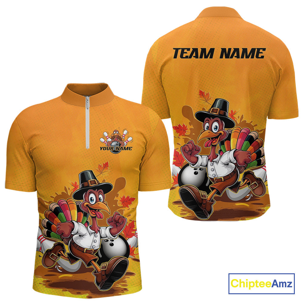 Custom Funny Thanksgiving Turkey Bowling Quarter-Zip Shirts For Men, Thanksgiving Bowler Outfit IPHW9724