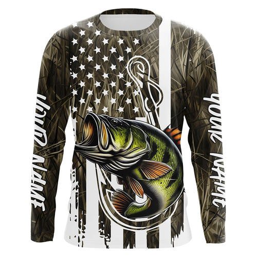 Lake Grass Camo US Flag Custom Largemouth Bass Patriotic Long Sleeve Fishing Shirts With Name IPHW8165