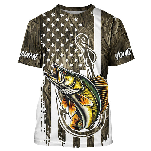 Lake Grass Camo US Flag Custom Walleye Patriotic Fishing T-Shirts With Name IPHW8166