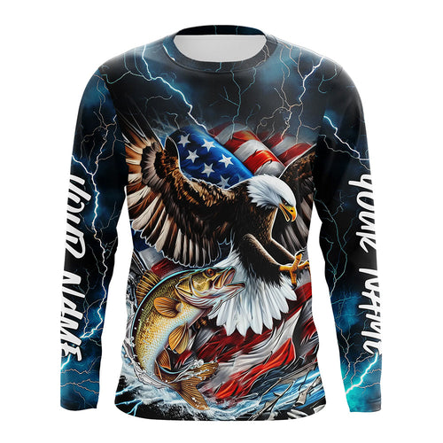 Blue Thunder Lightning US Flag Eagle Custom Patriotic Walleye Long Seeve Fishing Shirts IPHW8171
