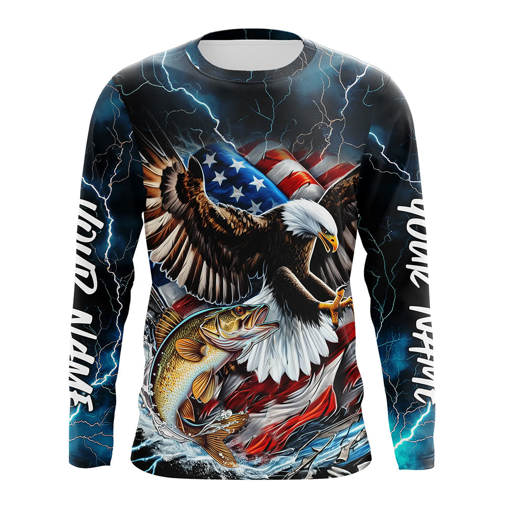 Blue Thunder Lightning US Flag Eagle Custom Patriotic Walleye Long Seeve Fishing Shirts IPHW8171