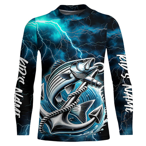 Blue Thunder Lightning Anchor Custom Nautical Striped Bass Kid Long Sleeve Fishing Shirts IPHW8179