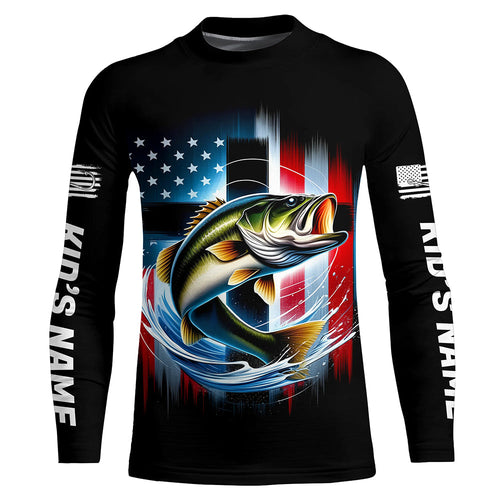 American Flag Cross Custom US Patriotic Largemouth Bass Kid Long Sleeve Tournament Fishing Shirts IPHW8185