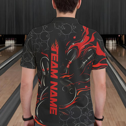 Custom Black And Red Flame Strike Bowling Team Polo Shirts For Men, Strike Bowling Jerseys IPHW8610