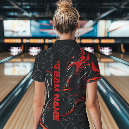 Custom Black And Red Flame Strike Bowling Team Womens Quarter-Zip Shirt, Bowling Jerseys IPHW8610