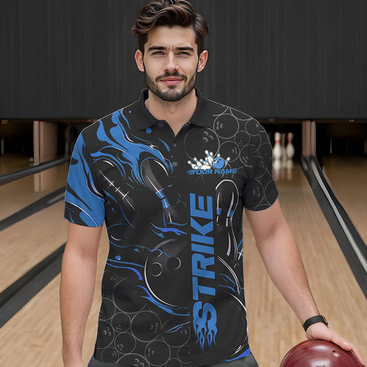 Custom Black And Blue Flame Strike Bowling Team Polo Shirts For Men, Strike Bowling Jerseys IPHW8611