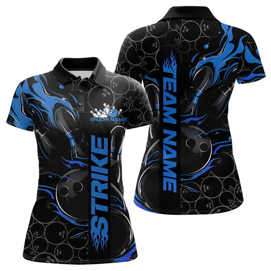 Custom Black And Blue Flame Strike Bowling Team Womens Polo Shirts, Strike Bowling Jerseys IPHW8611