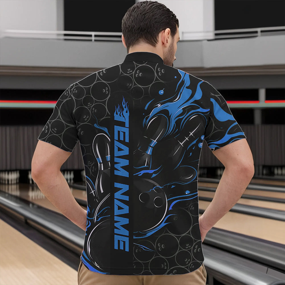 Custom Black And Blue Flame Strike Bowling Team Quarter-Zip Shirts For Men, Strike Bowling Jerseys IPHW8611