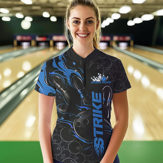 Custom Black And Blue Flame Strike Bowling Team Womens Quarter-Zip Shirt, Bowling Jerseys IPHW8611