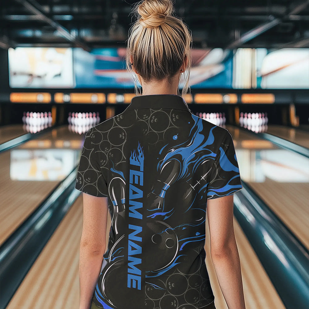 Custom Black And Blue Flame Strike Bowling Team Womens Quarter-Zip Shirt, Bowling Jerseys IPHW8611