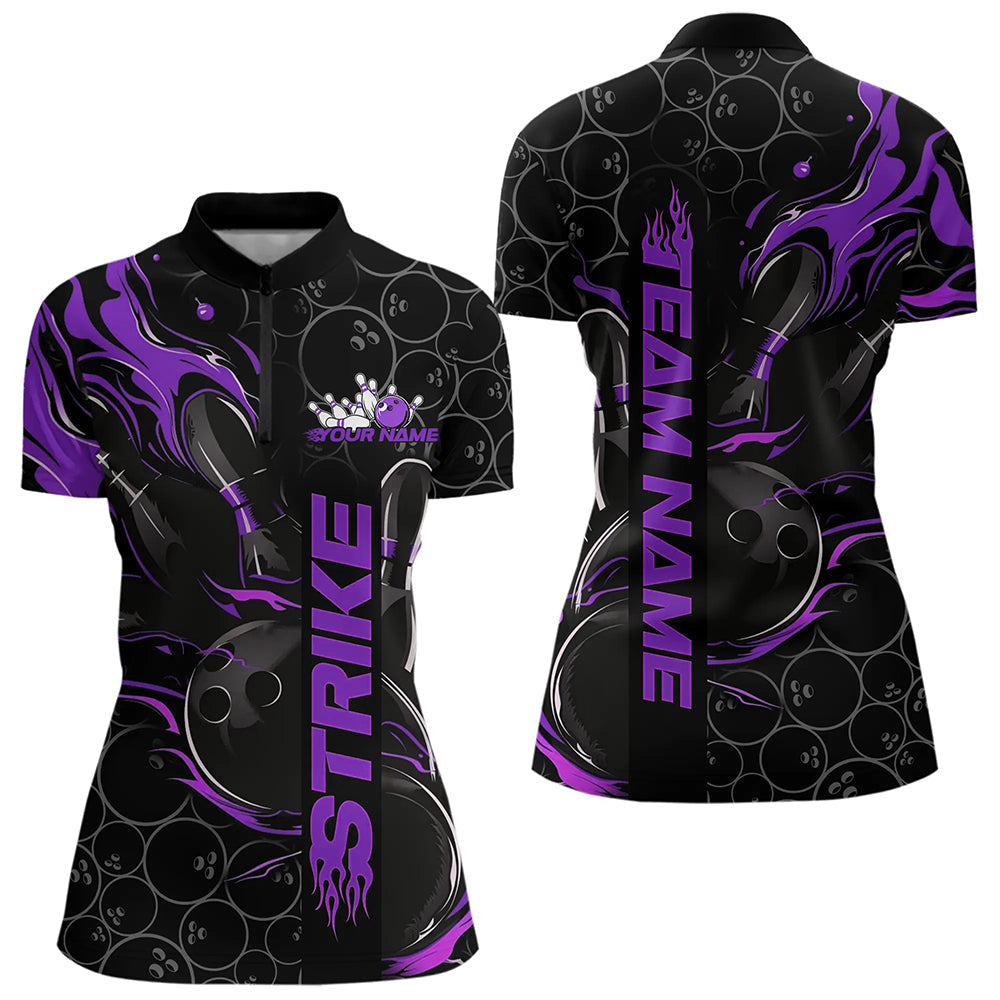 Custom Black And Purple Flame Strike Bowling Team Womens Quarter-Zip Shirt, Bowling Jerseys IPHW8612