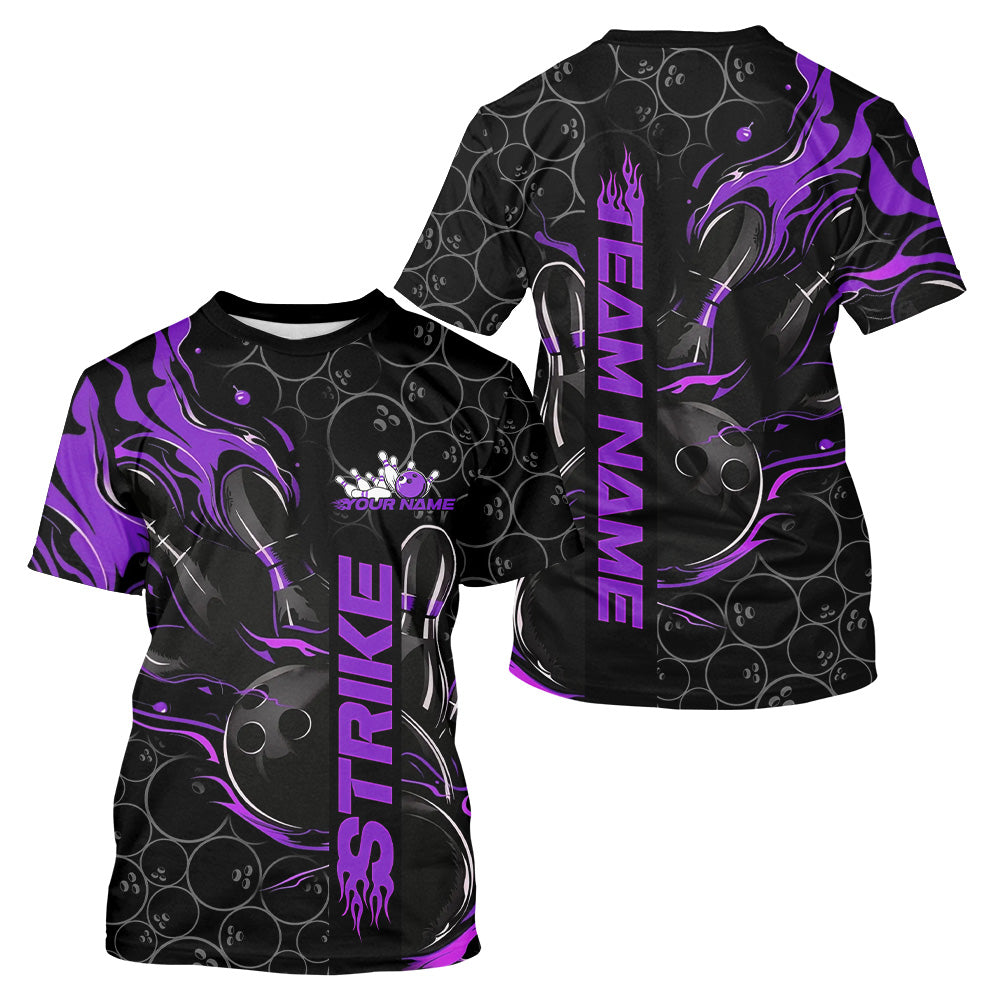 Custom Black And Purple Flame Strike Bowling Team T-Shirts For Men, Strike Bowling Jerseys IPHW8612