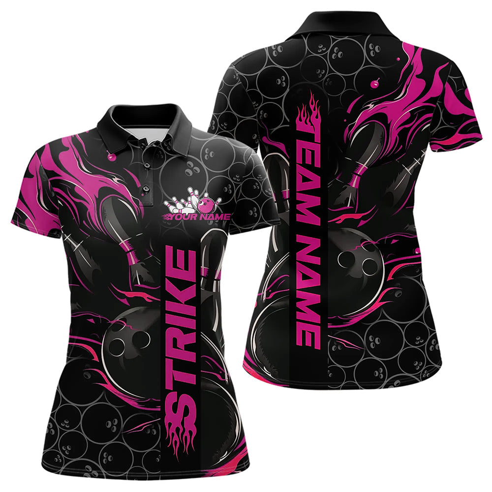Custom Black And Pink Flame Strike Bowling Team Womens Polo Shirt, Strike Bowling Jerseys IPHW8613
