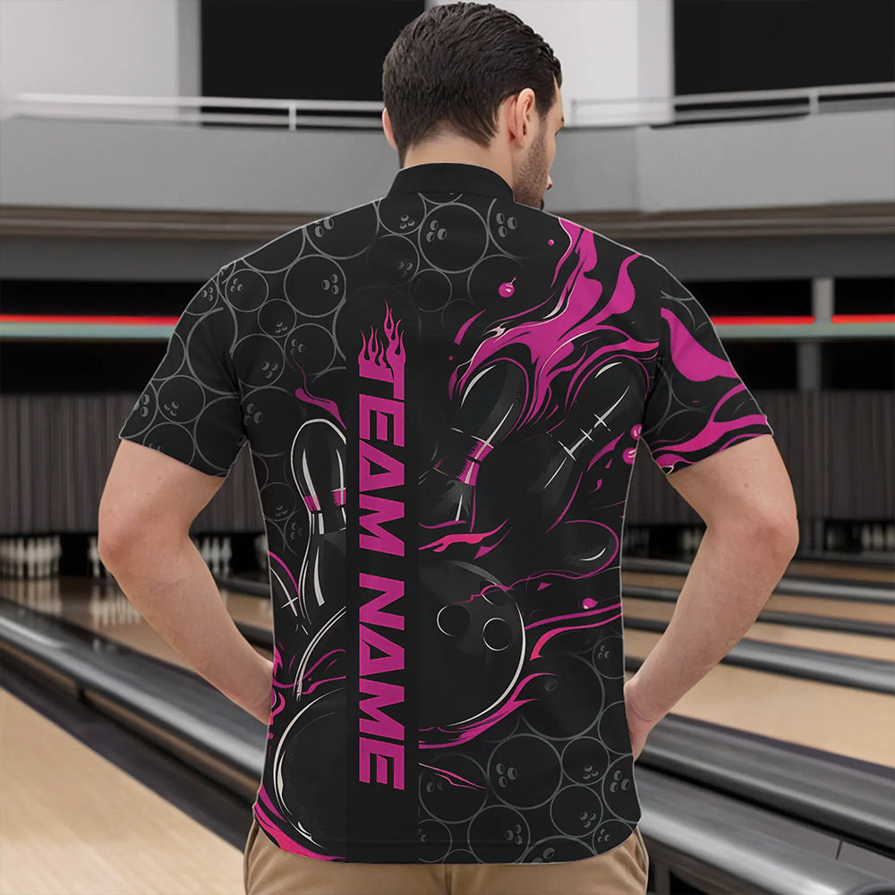 Custom Black And Pink Flame Strike Bowling Team Quarter-Zip Shirts For Men, Strike Bowling Jerseys IPHW8613