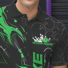 Load image into Gallery viewer, Custom Black And Green Flame Strike Bowling Team Polo Shirts For Men, Strike Bowling Jerseys IPHW8615
