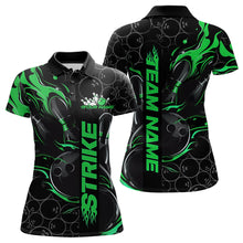 Load image into Gallery viewer, Custom Black And Green Flame Strike Bowling Team Womens Polo Shirts, Strike Bowling Jerseys IPHW8615