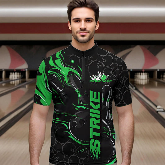Custom Black And Green Flame Strike Bowling Team Quarter-Zip Shirts For Men, Strike Bowling Jerseys IPHW8615