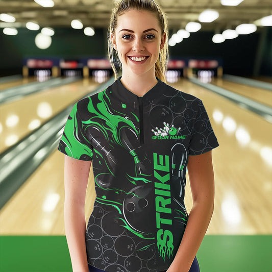 Custom Black And Green Flame Strike Bowling Team Womens Quarter-Zip Shirt, Bowling Jerseys IPHW8615