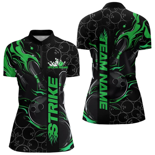 Custom Black And Green Flame Strike Bowling Team Womens Quarter-Zip Shirt, Bowling Jerseys IPHW8615