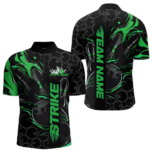 Custom Black And Green Flame Strike Bowling Team Quarter-Zip Shirts For Men, Strike Bowling Jerseys IPHW8615