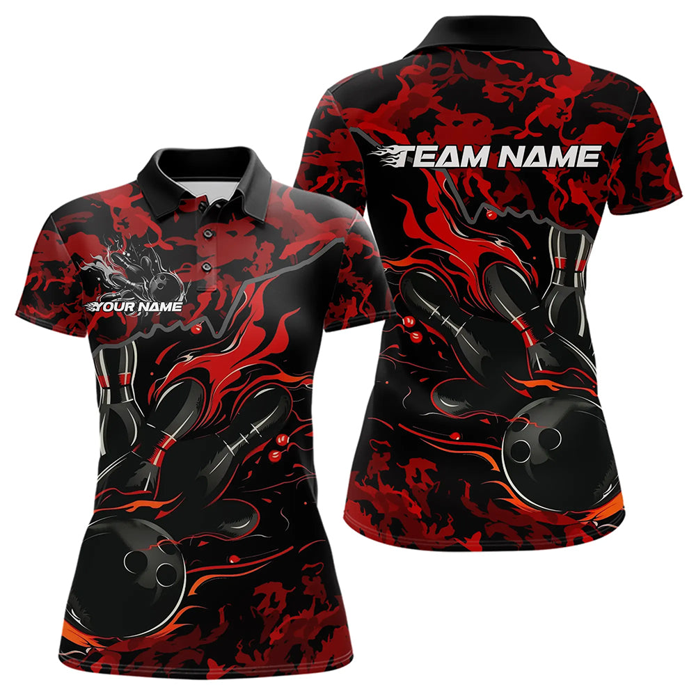 Custom Black And Red Camo Flame Bowling Team Polo Shirt For Women, Bowling Tournament Shirt IPHW8622