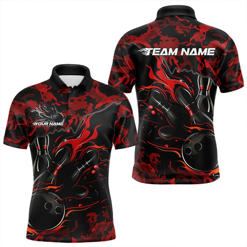 Custom Black And Red Camo Flame Bowling Team Polo Shirts For Men, Bowling Tournament Shirt IPHW8622