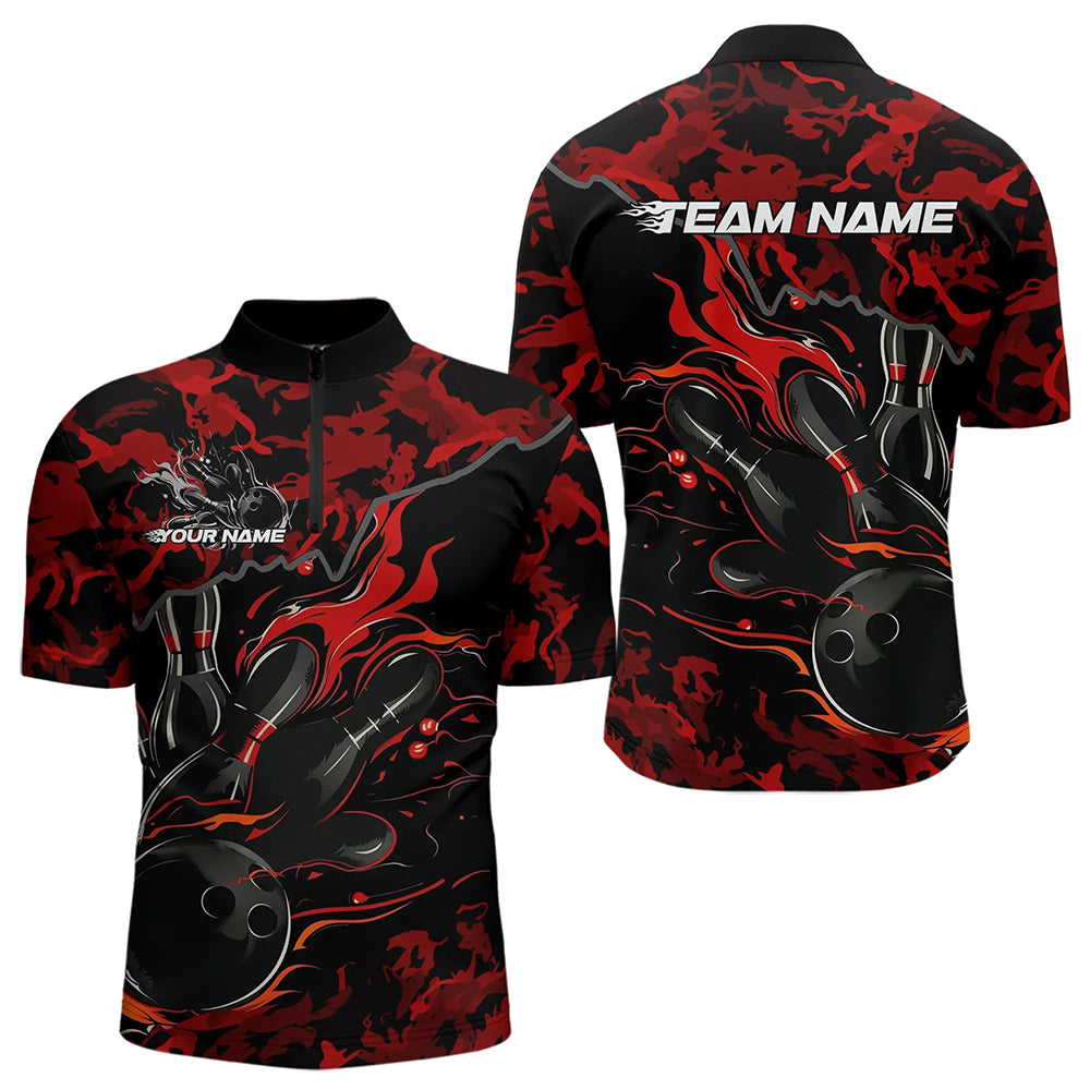 Custom Black And Red Camo Flame Bowling Team Quarter-Zip Shirts For Men, Bowling Tournament Shirt IPHW8622