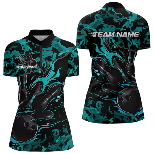 Custom Black And Blue Camo Flame Bowling Womens Quarter-Zip Shirt, Bowling Tournament Shirt IPHW8623