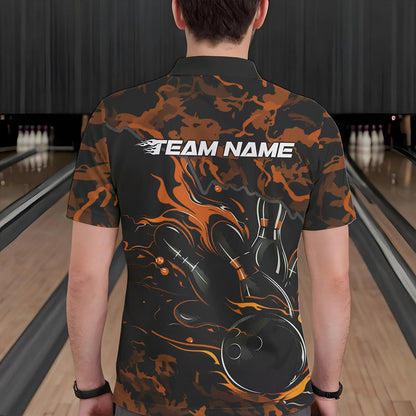 Custom Black And Orange Camo Flame Bowling Team Polo Shirts For Men, Bowling Tournament Shirt IPHW8624
